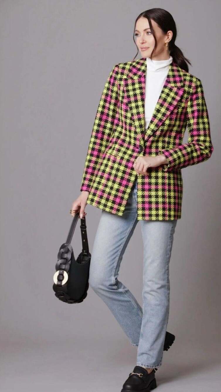 Anthropologie Avec Les Filles Pink Green Plaid Button Front Blazer M